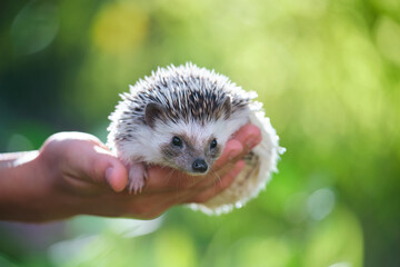 Human hands holding little african hedgehog pet outdoors on summer day. Keeping domestic animals and caring for pets concept