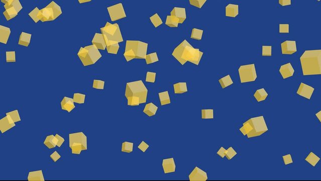 Blue background with falling gold cubes. Simple high definition animation with objects falling in a perfect, seamless loop.