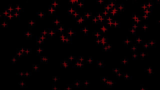 Black background with falling red star like crosses. Simple high definition animation with objects falling in a perfect, seamless loop.