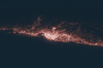 Genoa aerial view at night. Top view on modern city with street lights