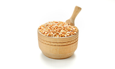 Pea groats in bowls and bags isolated on a white background. High quality photo