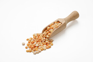 Pea groats in bowls and bags isolated on a white background. High quality photo