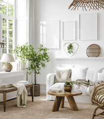 Mockup frame in white cozy living room interior background, 3d render © artjafara