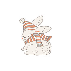 Christmas cute bunny or rabbit in winter hat vector illustration isolated.