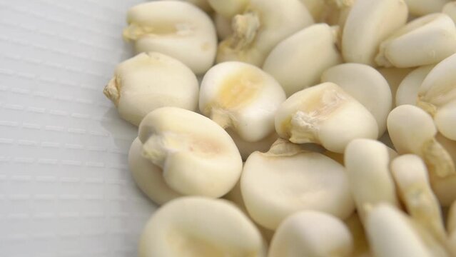 Raw hominy grain. Dry maize mote in white plate. Macro. Rotation