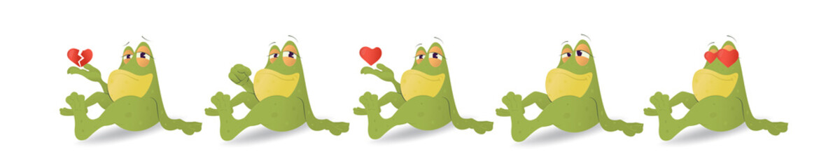A set of illustrations of a cartoon frog in love in different poses.The frog is sitting on the floor.The concept of postcards for Valentine's day.Vector stock illustration.Isolated white background.
