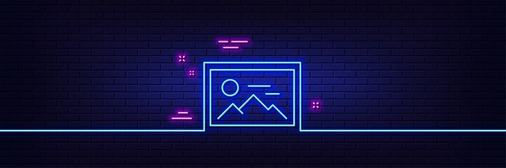 Neon light glow effect. Photo line icon. Image thumbnail sign. Picture placeholder symbol. 3d line neon glow icon. Brick wall banner. Photo outline. Vector