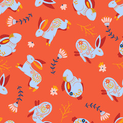 Folk Rabbits and Flowers Spring Vector Seamless Pattern