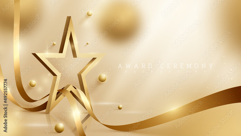 Wall mural 3d gold star background with ribbon element and ball with glitter light effect and bokeh decoration.