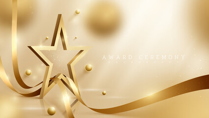 3d gold star background with ribbon element and ball with glitter light effect and bokeh decoration. Luxury award ceremony concept. - obrazy, fototapety, plakaty