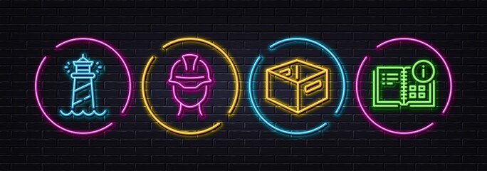 Foreman, Office box and Lighthouse minimal line icons. Neon laser 3d lights. Instruction info icons. For web, application, printing. Engineer person, Delivery box, Searchlight tower. Project. Vector