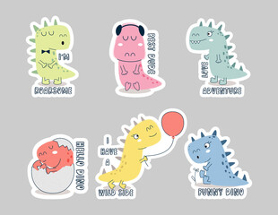 Cartoon dinosaurs stickers set. Stock Vector illustration.