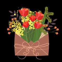 Envelope with flowers. Tulips and mimosa. Gift