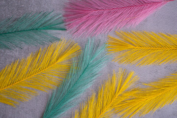 Pastel colored feathers and gray background. Happy Easter.