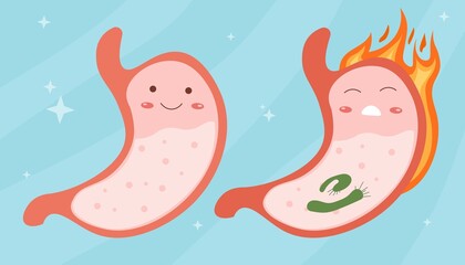 Smiling healthy stomach and sad sick stomach character