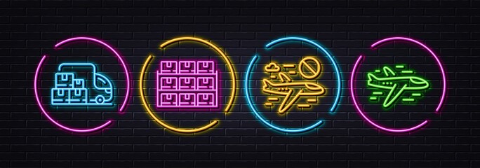 Boxes shelf, Cancel flight and Delivery truck minimal line icons. Neon laser 3d lights. Airplane icons. For web, application, printing. Wholesale inventory, Closed flights, Warehouse pallet. Vector