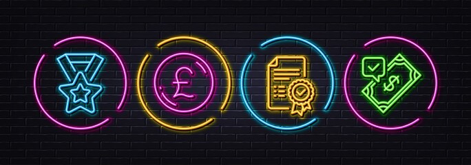 Pound money, Certificate and Winner ribbon minimal line icons. Neon laser 3d lights. Accepted payment icons. For web, application, printing. Currency, Verified document, Best award. Vector