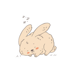 Cute bunny or rabbit sleeping on the grass, cartoon vector illustration isolated on white background.