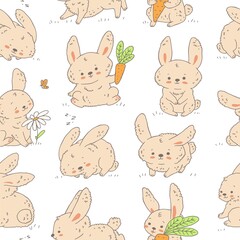 Rabbit with carrot in different poses, spring seamless pattern, cartoon vector illustration.