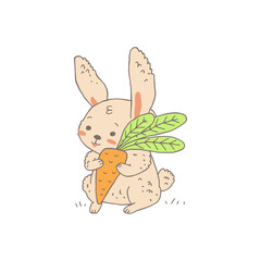 Rabbit or bunny hugging carrot with green leaves, cartoon vector illustration isolated on white background.