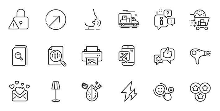 Outline set of Hair dryer, Dirty water and Search files line icons for web application. Talk, information, delivery truck outline icon. Include Direction, Food delivery, Electricity icons. Vector