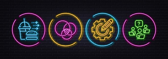 Food delivery, Settings gear and Euler diagram minimal line icons. Neon laser 3d lights. Teamwork question icons. For web, application, printing. Vector