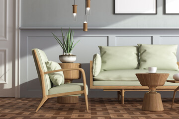 Close up interior design of cozy living room with stylish sofa, coffee table, cactus, carpet, decoration, pillows, plaid and personal accessories in modern home decor. 3d Rendering
