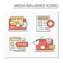 Fototapeta premium Media influence color icons set. Fake news, newspaper articles, healthcare news and social media on laptop.Isolated vector illustrations
