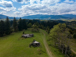 Green mountains of Ukrainian Carpathians in summer. Coniferous trees on the slopes. Aerial drone view.