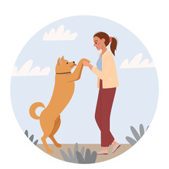 Young woman is playing with pet. The dog is standing on its hind legs. Cute illustration of the relationship and friendship between human and animal. Vector in flat cartoon style.