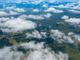 High flight in the mountains of the Ukrainian Carpathians. Aerial drone view.