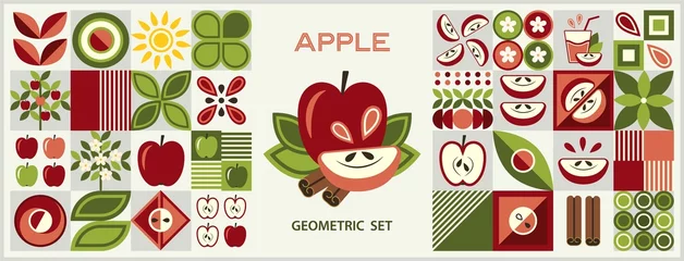 Fotobehang Set of design elements and logo with apple in simple geometric style. Abstract shapes. Good for branding, decoration of food package, cover design, decorative home kitchen prints, background. © OA_Creation
