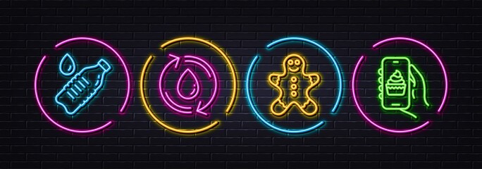 Gingerbread man, Water bottle and Refill water minimal line icons. Neon laser 3d lights. Food app icons. For web, application, printing. Christmas cookie, Still drink, Recycle aqua. Vector