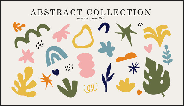 Set of minimalistic aesthetic doodles and abstract bright elements on isolated background. Large collection of elements, unusual shapes in matisse art style hand-drawn.