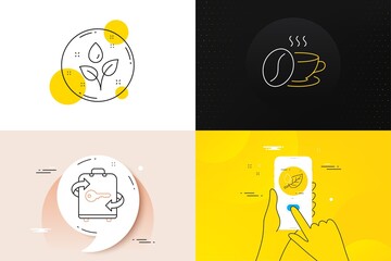 Minimal set of Leaf dew, Plants watering and Coffee cup line icons. Phone screen, Quote banners. Luggage icons. For web development. Water drop, Roasted bean, Baggage locker. Vector