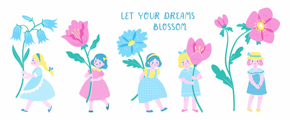 Set of five cute girls holding big spring flowers. Vector illustration of children with flowers in colorful retro style. Isolated elements on white background.