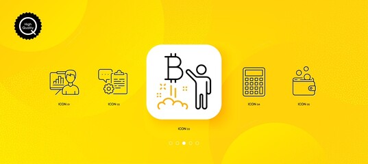 Fototapeta na wymiar Clipboard, Calculator and Bitcoin project minimal line icons. Yellow abstract background. Presentation board, Wallet money icons. For web, application, printing. Vector