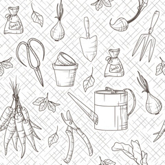 Vector seamless pattern with gardening elements: tools, scapula, watering can, leaf, scissor, pots, seeds, beet, onion, carrot in sketch style. Graphic illustration for gardening shop, wrapping paper.