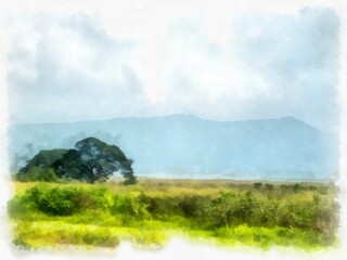 meadows and mountains forest clouds and sky watercolor style illustration impressionist painting.