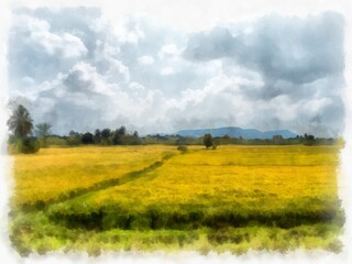 meadows and mountains forest clouds and sky watercolor style illustration impressionist painting.