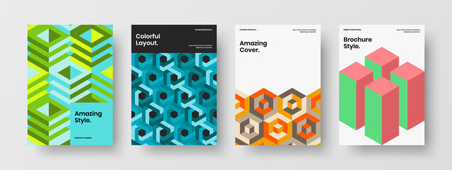 Multicolored geometric tiles placard concept collection. Amazing magazine cover vector design layout set.