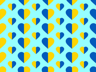 Hearts with the flag of Ukraine in yellow and blue. Seamless pattern with hearts in support of Ukraine. Design for banners, posters and printing of promotional products. Vector illustration