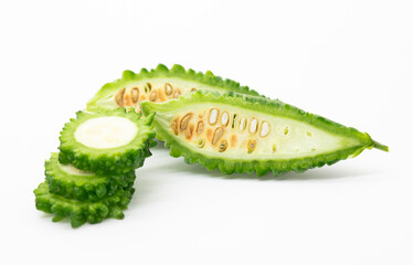 melon or bitter gourd slices isolated on white background, selective focus
