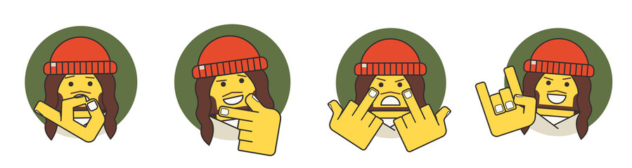 A set of illustrations of a guy with different emotions on his face. Shows different hand signs. He has a red hat on. Long hair. Vector stock illustration. Isolated white background.
