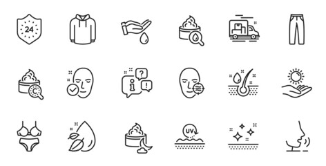 Outline set of Pants, Serum oil and Problem skin line icons for web application. Talk, information, delivery truck outline icon. Include Collagen skin, Moisturizing cream, Hoody icons. Vector