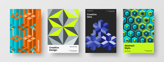 Clean brochure vector design illustration set. Simple mosaic hexagons cover template bundle.
