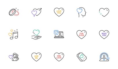 Male female, Friends chat and Wedding rings line icons for website, printing. Collection of Ask me, Heart, Love music icons. Friend, Hold heart, Lgbt web elements. Love ticket, Miss you. Vector
