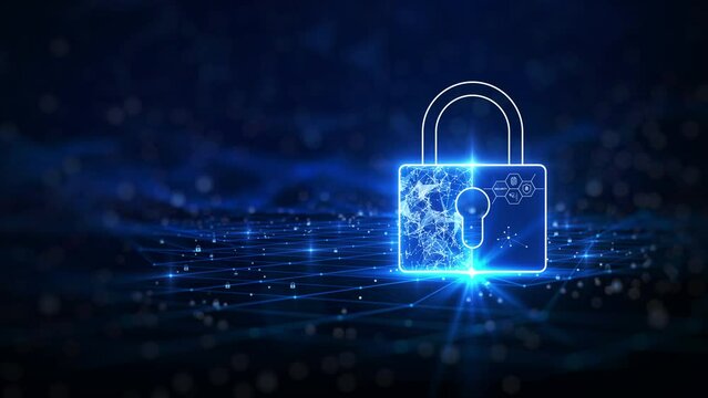 cybersecurity technology concept Data protection and privacy There is a large padlock prominently on the right above the polygon. and a small padlock moving slowly against a dark blue background.