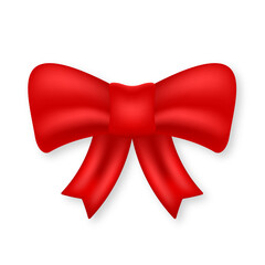 Realistic Red Bow for Decoration Present. Elegant Satin Knot for Christmas, Birthday, Anniversary Surprise. Silk Ribbon Tie Gift Element on White Background. Isolated Vector Illustration