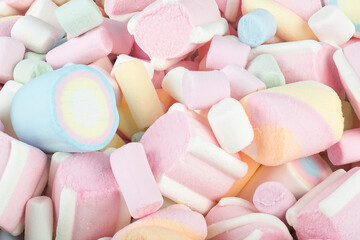 Texture of multi-colored sweet marshmallows. Marshmallows candy for background.